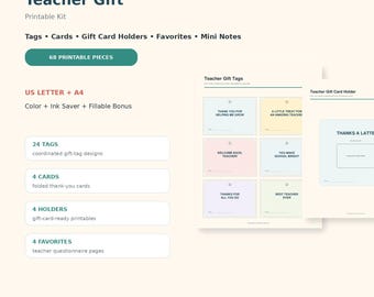 Teacher Gift Printable Kit, Back to School Tags, Cards, Holders (Digital Download)