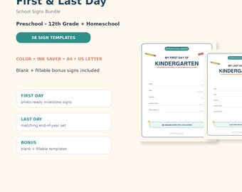 First Last Day School Signs Bundle, Preschool to 12th Grade (Digital Download)