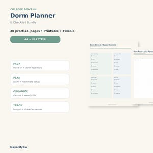 May include: A digital college move-in dorm planner and checklist bundle with 26 printable and fillable pages in A4 and US letter sizes. The document features a master checklist and a room layout planner with sections for packing, planning, and tracking.