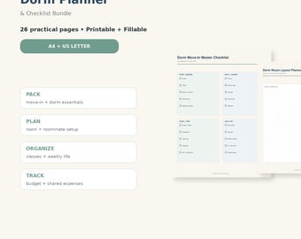 College Dorm Planner Checklist Bundle, Roommate Setup, Packing List (Digital Download)