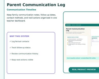 Parent Communication Log | Teacher Contact Tracker & Follow-Up Spreadsheet