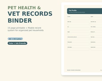Pet Health Record Binder Printable | Fillable Vet Records, Vaccine & Medication Log | Dog Cat Medical Organizer A4 Letter