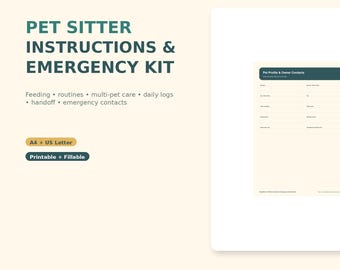 Pet Sitter Instructions Printable | Emergency Info, Feeding & Daily Care Log | Fillable PDF A4 Letter