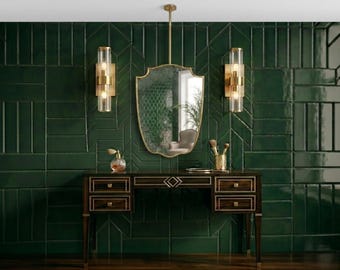 Ceiling Mounted Mirror, Suspended Brass Shield Mirror for Bathroom Vanity, Handmade Floating Wall Decor