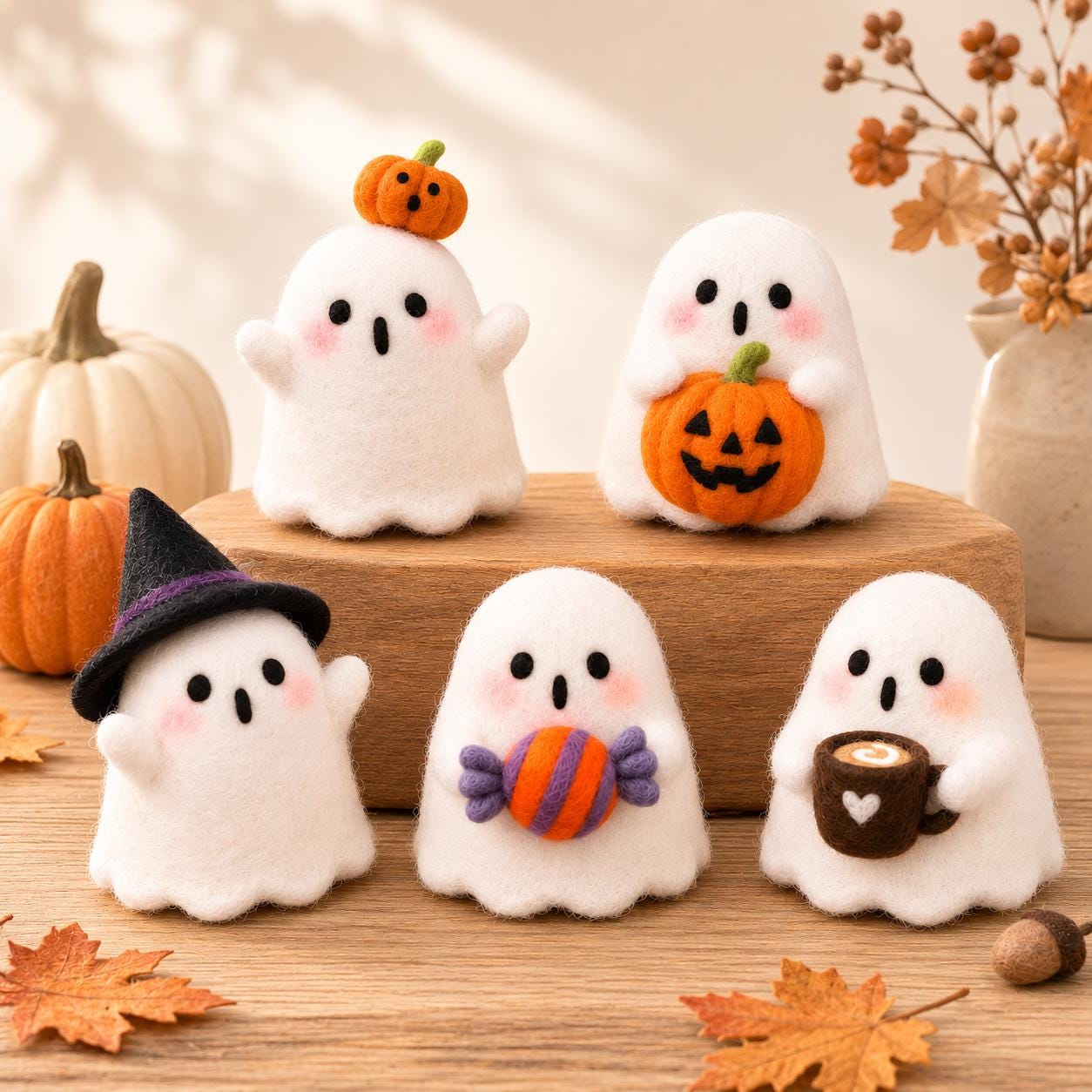 Needle Felted Ghost Decor, Halloween Wool Ornament, Standing or Hanging