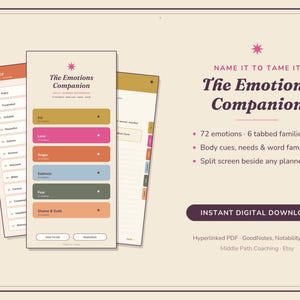 Emotions Companion Digital Feelings Wheel | 72 Emotions Reference PDF for GoodNotes | DBT Emotion Identification Tool | Split Screen Insert