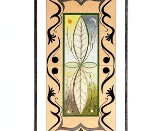 May include: A framed artwork featuring a stylized leaf with branches and roots. The leaf is divided into two halves, one with a sun and the other with a moon. The background is a light peach color with black and gray accents.
