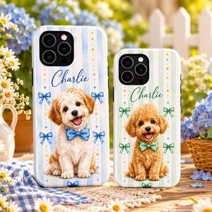 May include: Two phone cases featuring illustrations of puppies. The left case has blue stripes, a puppy with a blue bow tie, and the name Charlie. The right case has green stripes, a puppy with a green bow tie, and the name Charlie.