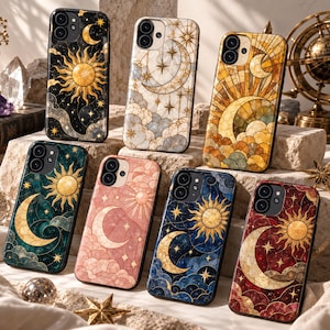 May include: Seven smartphone cases featuring celestial designs with suns, moons, stars, and clouds in various color palettes including black, white, gold, green, pink, blue, and red. Each case has a dual-camera cutout and a glossy finish.
