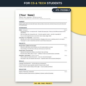 Op de afbeelding: Een wit cv-sjabloon voor CS & Tech-studenten met zwarte tekst, een koptekst FOR CS & TECH STUDENTS en een badge met de tekst ATS-FRIENDLY. Het document bevat secties voor samenvatting, ervaring, projecten, vaardigheden en opleiding.