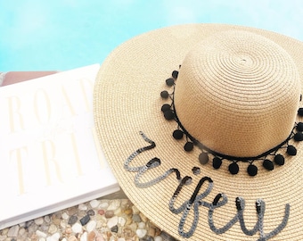 Customized Bride Sun Hat: Floppy Hat with Sequins & Poms