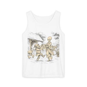 Dancing Alien Vintage Village Scene Tank Top | Retro Sketch Alien Illustration