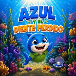 May include: A blue cartoon shark wearing a green polo shirt floats in an underwater scene with colorful coral, starfish, and a pearl in a shell. The text AZUL Y EL DIENTE PERDIDO is displayed in large, bold, blue and orange letters above the shark.