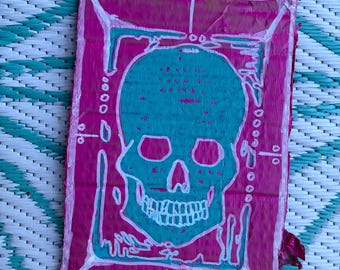 6”x8” Handmade Skull Block Print on Recycled Cardboard