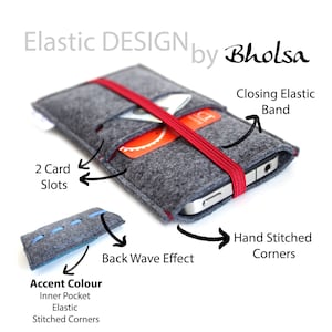 May include: Gray felt phone case with a red elastic band closure. The case has two card slots and a wave effect on the back. The corners are hand-stitched.