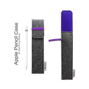 May include: Gray felt Apple Pencil case with a purple elastic band and interior. The case is designed for the iPad Pro and includes the text "Apple Pencil Case for iPad Pro by Bholsa". A white Apple Pencil is next to the case.