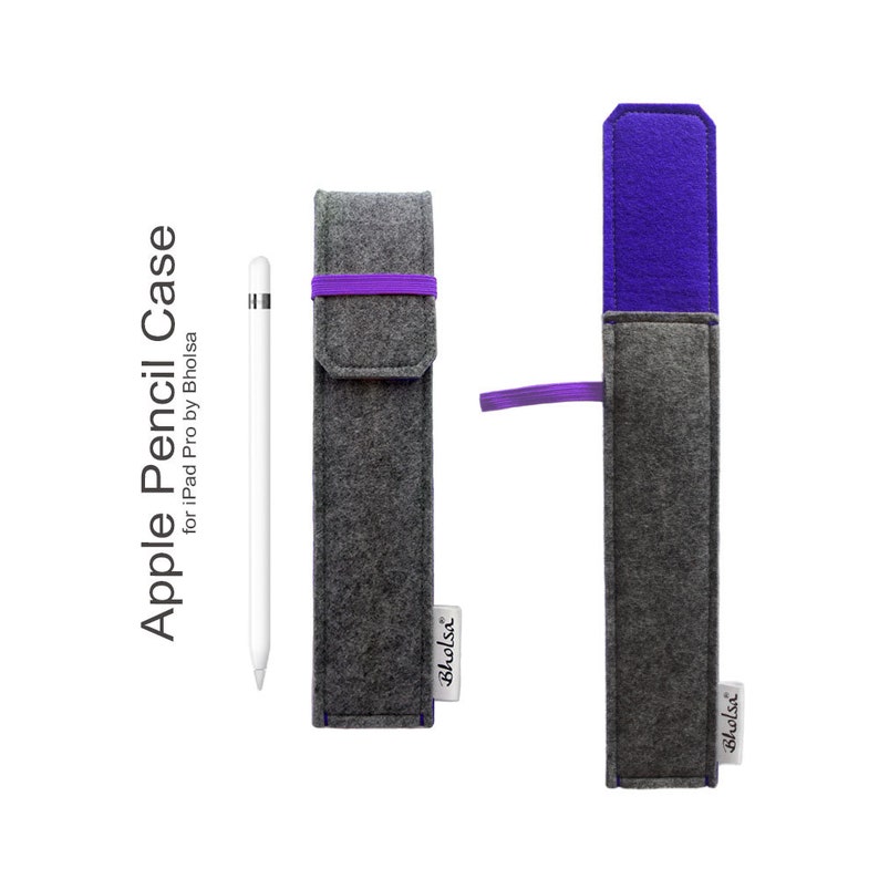May include: Gray felt Apple Pencil case with a purple elastic band and interior. The case is designed for the iPad Pro and includes the text "Apple Pencil Case for iPad Pro by Bholsa". A white Apple Pencil is next to the case.