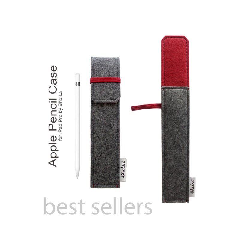 May include: A gray felt Apple Pencil case with a red accent and elastic band. The case is designed for the iPad Pro and features the text "Apple Pencil Case for iPad Pro by Bholsa". The words "best sellers" are also visible.