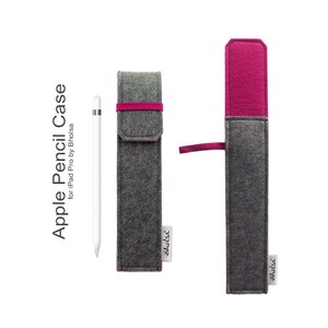 May include: Gray felt Apple Pencil case with a magenta accent and elastic band. The case is designed for the iPad Pro and includes the text "Apple Pencil Case for iPad Pro by Bholsa". A white Apple Pencil is also shown.