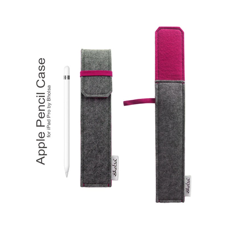 May include: Gray felt Apple Pencil case with a magenta accent and elastic band. The case is designed for the iPad Pro and includes the text "Apple Pencil Case for iPad Pro by Bholsa". A white Apple Pencil is also shown.