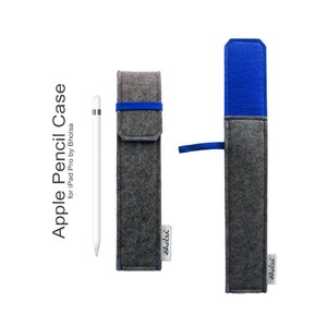 May include: Gray felt Apple Pencil case for iPad Pro by Bholsa, with a blue accent and elastic band closure. The case is shown open and closed, with a white Apple Pencil next to it. The text "Apple Pencil Case for iPad Pro by Bholsa" is on the left.