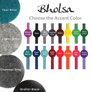 May include: A color chart with felt swatches in various colors, including teal blue, light grey, charcoal grey, munsell purple, black, light grey, charcoal grey, brown, yellow, bright green, deep green, blue marine, royal blue, pastel blue, deep red, red, orange, hot pink, and royal purple. The chart is titled "Bholsa Choose the Accent Color".