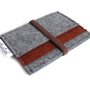 Organizador de carteira de cartão / Carteira de moedas / Bolsa de feltro para dinheiro / Bolsa de transporte / Organizador de carteira de cartão / Bolsa de moedas - Cinza carvão e marrom