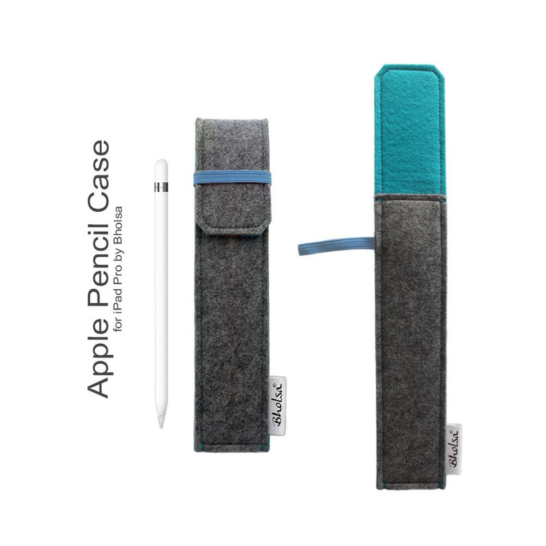 May include: Two gray felt Apple Pencil cases with blue accents, one open and one closed, next to a white Apple Pencil. The cases have a rectangular shape and a small tag that says "Bholsa". The text on the left says "Apple Pencil Case for iPad Pro by Bholsa".