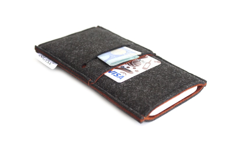 May include: A gray felt phone case with a brown leather trim. The case has a pocket for cash and cards. The case is shown with a credit card and cash inside.