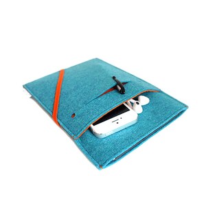 May include: A teal felt tablet sleeve with an orange strap and a small pocket for a pen. A white smartphone and white earbuds are inside the sleeve.