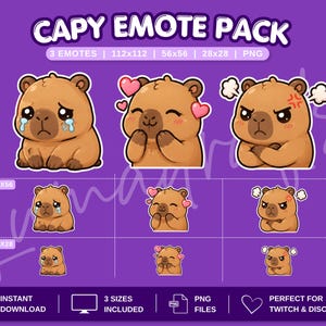 Cute Capybara Twitch Emotes | 3 Emotes Pack | PNG | 112x112, 56x56, 28x28 | Twitch & Discord Emotes| Streamer Overlay