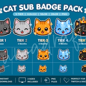 Cute Cat Twitch Sub Badges | 5 Tier Subscriber Badge Pack | PNG | 112x112, 56x56, 28x28 | Twitch & Discord Badges | Streamer Overlay