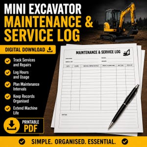 Mini Excavator Maintenance & Service Log | Equipment Log Book | Printable PDF | Digital Download