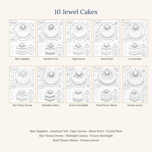 K&ouml;nnte beinhalten: Eine Sammlung von 10 Jewel Cakes Ausmalbildern mit detaillierten Strichzeichnungen von runden Kuchen, die mit Edelsteinen verziert sind. Jede Seite enth&auml;lt eine Ansicht des ganzen Kuchens sowie ein Tortenst&uuml;ck mit entsprechenden Beschriftungen.