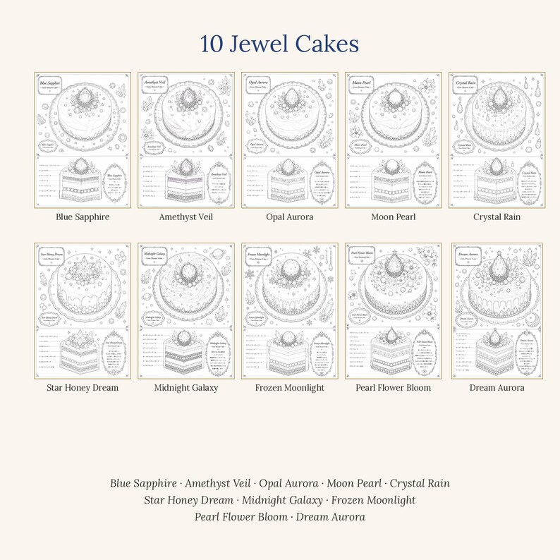 K&ouml;nnte beinhalten: Eine Sammlung von 10 Jewel Cakes Ausmalbildern mit detaillierten Strichzeichnungen von runden Kuchen, die mit Edelsteinen verziert sind. Jede Seite enth&auml;lt eine Ansicht des ganzen Kuchens sowie ein Tortenst&uuml;ck mit entsprechenden Beschriftungen.