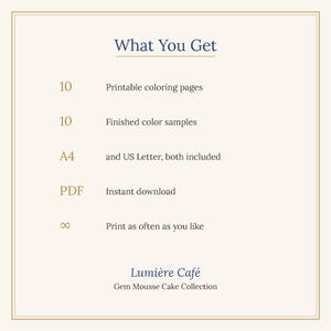 K&ouml;nnte beinhalten: Ein digitales Informationsblatt mit dem Titel What You Get f&uuml;r die Lumi&egrave;re Caf&eacute; Gem Mousse Cake Collection. Es listet 10 druckbare Ausmalbilder, 10 fertige Farbbeispiele, A4- und US-Letter-Formate, PDF-Sofort-Download und unbegrenztes Drucken auf.