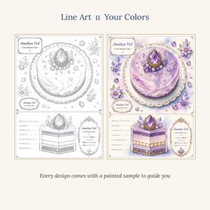 K&ouml;nnte beinhalten: Eine Malvorlage mit dem Titel Line Art Your Colors, die zwei Darstellungen eines Amethyst Veil Gem Mousse Cake zeigt. Das linke Feld zeigt eine schwarz-wei&szlig;e Strichzeichnung, w&auml;hrend das rechte Feld eine farbige Aquarellversion darstellt.