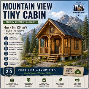 Può includere: Un pacchetto di progetti digitali per una Mountain View Tiny Cabin. Il documento include una planimetria di 4m x 6m (24 m²), un soppalco di 10-12 m² e un portico di 4 m². Include un set completo di progetti, guida alla costruzione e viste 3D.