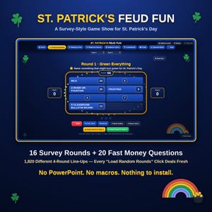 Könnte beinhalten: Eine digitale St. Patrick's Feud Fun Spielshow-Oberfläche auf dunkelblauem Hintergrund. Der Bildschirm zeigt die erste Runde mit der Frage Name something that might turn green for St. Patrick's Day, inklusive Antwortfeldern für milk, a river or fountain, frosting und a classroom bulletin board.