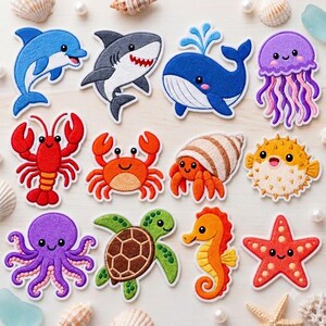 Ocean Animal Iron On Embroidered Patches, Felt Sea Creature Applique, Dolphin Shark Octopus Turtle Patch