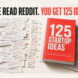 Może przedstawiać: Czerwona książka zatytułowana 125 STARTUP IDEAS z podtytułem REAL PAINS. SCORED SIGNALS. READY TO VALIDATE. leży obok zbioru małych białych karteczek z tekstem i strzałkami wskazującymi na różne punkty bólu i problemy użytkowników.