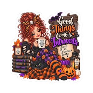 Goede dingen komen naar introverten - Kiss-Cut Sticker | Halloween Heks, Katten, Koffie
