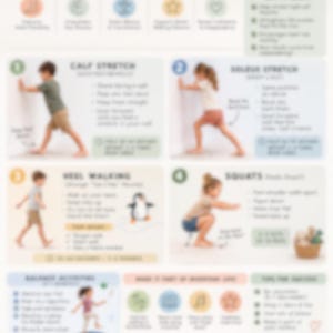 May include: A Toe Walking Home Exercise Program informational chart featuring numbered illustrations of children performing physical therapy exercises, including calf stretches, soleus stretches, heel walking, and squats, with text instructions.