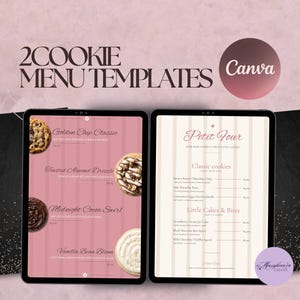 May include: Two digital tablet screens displaying cookie menu templates. The left screen features a pink background with cookie images and text. The right screen shows a cream-coloured menu with text. The top text reads 2 COOKIE MENU TEMPLATES.