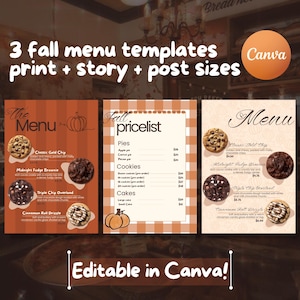 May include: Three autumn-themed menu templates featuring cookie illustrations and text. The designs include a dark orange menu, a white and orange checkered pricelist, and a light beige menu. All templates are editable in Canva.