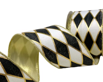 May include: A roll of decorative ribbon featuring a repeating harlequin diamond pattern in black and white. The edges of the ribbon are finished with a metallic gold trim, and the diamond shapes are outlined with thin, shimmering gold lines.