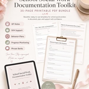 May include: A School Social Work Documentation Toolkit 35-page printable PDF bundle featuring templates for IEP notes, 504 support, behavior plans, progress monitoring, and phrase banks. Includes a clipboard with a Behavior Support Plan Snapshot form.