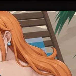 May include: An anime-style illustration of a character with long orange hair, brown eyes, and a blue tattoo on the shoulder, wearing a light blue earring. The character is positioned in front of a wooden chair with blue fabric and palm leaves.