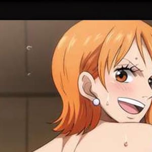 May include: An anime-style illustration of a character with short orange hair, brown eyes, and a small mole under the left eye. The character has a smiling expression, flushed cheeks, and a blue tattoo on the shoulder, appearing to be in a steam room.