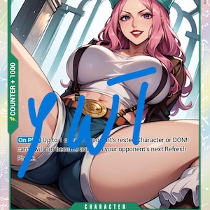 May include: A collectible trading card featuring an illustration of a character with long pink hair wearing a teal cap, white top, and blue shorts. The card displays the name Jewelry Bonney, a power level of 6000, and game text in a green frame.